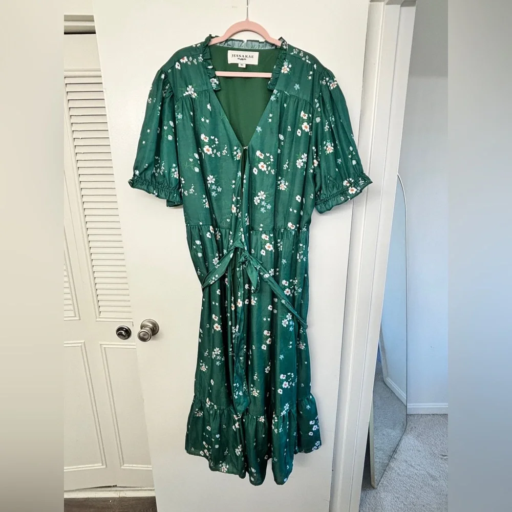 JessaKae Lorelei Dress - Emerald Green Floral Wrap Midi Dress - Picture 3 of 5
